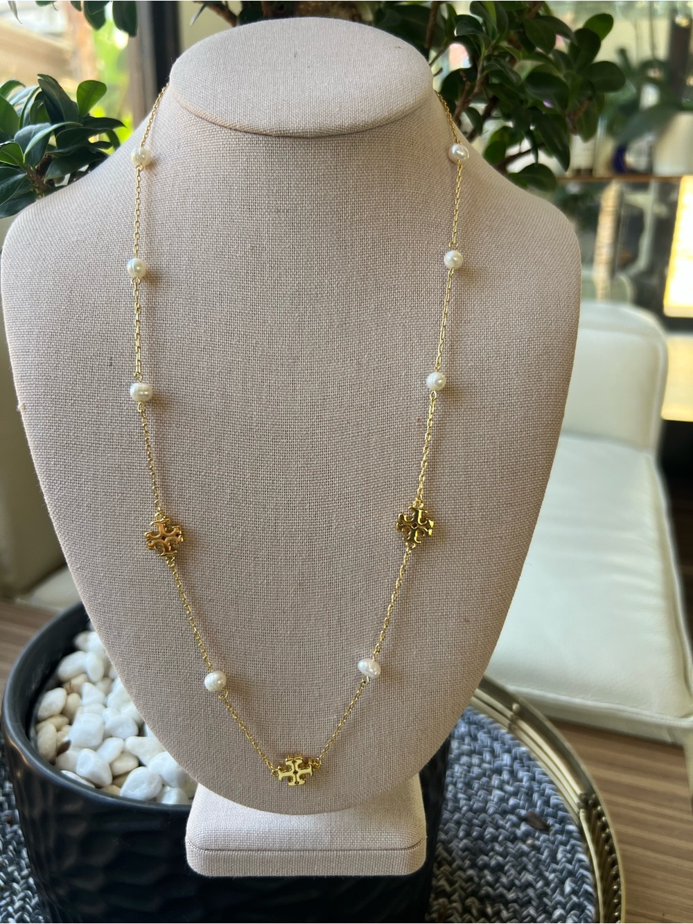 Tory Burch Gold Pearl Station Necklace with Logo - 24” long